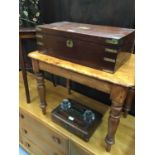 Wooden writing slope with brass bindings and wooden inkwell desk tidy