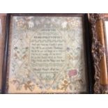 1803 Elizabeth Warmoll sampler in glazed frame, two other unframed samplers and a hand painted embro