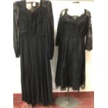 1940s black silk crepe evening gown, shaped and pleated bodice, similar age black lace gown and a l