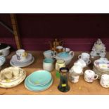 Collection of decorative china including Dresden figures, Royal Doulton vases, Poole ,Bunnykins etc