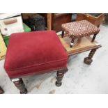 Three foot stools, sewing machine and Kilim style rug