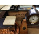 19th century French mantel clock in walnut case, various boxed cutlery, copper tray, metronome and s