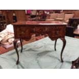 Queen Anne -style walnut kneehole desk with crossbanded top, three drawers on carved cabriole legs 9