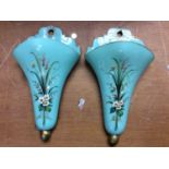 Pair Bohemian glass wall pockets with painted floral decoration