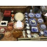 Assorted quantity of Staffordshire blue and white transfer printed wares, plated knives and other as