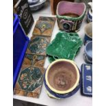 Majolica vase, jardiniere, two leaf dishes and selection of Mintons tiles