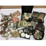 Group various coins, bank notes, pens, maps etc