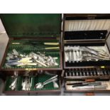 Seven canteen boxes with plated flatware plus plastic box of flatware