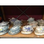 Nine Victorian sauce tureen with ladles and stands