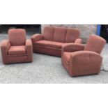 1930s Art Deco three piece suite with original uncut moquette upholstery