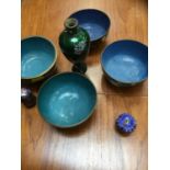 Antique Japanese Ginbari cloisonné vase, four Chinese cloisonné bowls, and two cloisonné boxes