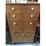 Good quality 1930s Gaylayde inlaid walnut tall boy chest of three drawers and two cupboards 69cm wi