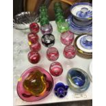 Collection of coloured glasses & other cut glass, together with art glass bowls