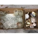 Pair glass candle sticks, wine glasses and other glassware, plus dome top clock and sundries