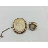 9ct gold cameo ring and 9ct gold mounted cameo brooch