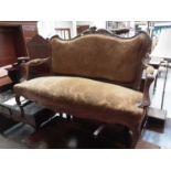 French salon sofa with carved decoration, upholstered seat and back on cabriole legs, 137cm wide
