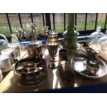 Assorted silver plate to include candlesticks, goblets, biscuit barrel and other items
