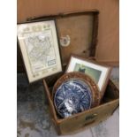 Vintage cloth bound hat box, together with 18th century map of Huntingdonshire by Herbert Moll, coll