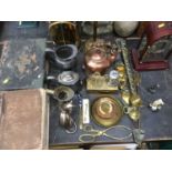 Collection of metalwares, Victorian bible, clock, sundry other items