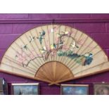 Large 1930s Japanese painted cotton wall hanging in the form of a fan