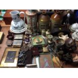 Two stoneware flagons, other ceramics, plated cigarette boxes, mantle clock and other items