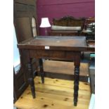 Small 19th century French fruitwood side table with rectangular tray top, single drawer on turned le