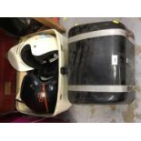 Two motor cycle top boxes and two helmets