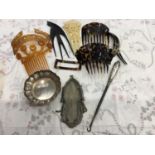 Silver dish, mesh evening purse,combs etc