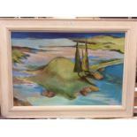 Oil on canvas - abstract landscape in white painted frame