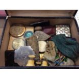 Vintage suitcase containing two beaded purses, powder compacts, pair opera glasses and other accesso