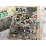 Collection 1970s Russian USSR lapel badges and newspapers