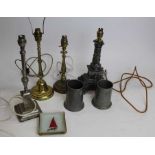 Four brass and metal lamps converted from candlesticks, 2 commemorative pewter tankards, glass dishe