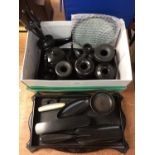 Box of ebony toiletry items, including mirrors, glove stretchers, etc