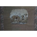 19th century needlework panel depicting a shooting figure and pony, in glazed maple veneered frame,