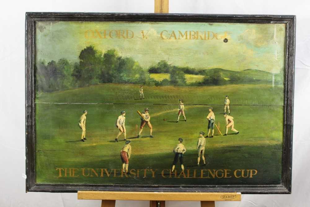 Decorative oil on panel depicting the Oxford V. Cambridge University Challenge Cup Cricket Match, fr - Image 2 of 6