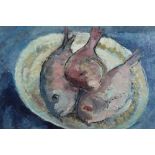 M. Bogue, contemporary, oil on canvas - still life of fish on a plate, signed, unframed, 41cm x 51cm