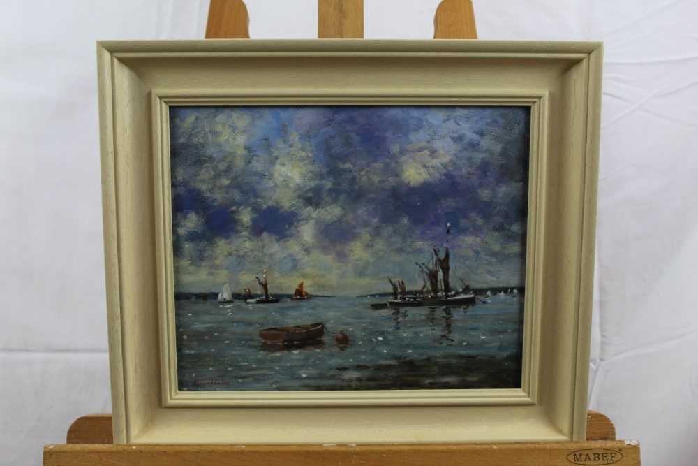 David Baxter of Norwich, oil on board, Sailing vessels at anchor on The Orwell, signed with initials - Image 2 of 4