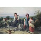 J. Stewart, oil on canvas, A 19th century oil on canvas of children collecting water, the smallest c