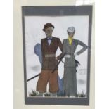 Burberry's coloured print depicting a stylish shooting couple, in glazed frame, 24cm x 18cm