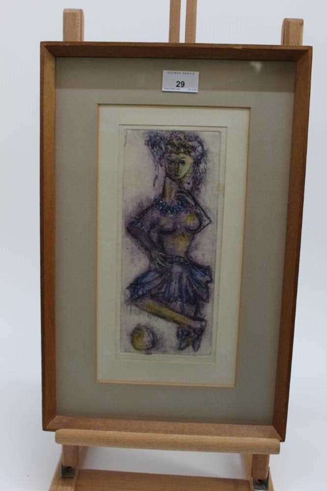 Yahuda Bacon (b.1929) signed hand coloured etching - Dancing Girl, 1961 provenance verso, in glazed - Image 2 of 10