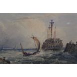 English School, 19th century, Three-masted ship off a pier, apparently unsigned, 24 x 34cm