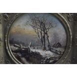 Manner of Thomas Smythe (1825-1907) oil on canvas - a winter landscape, tondo, in gilt frame, 29.5cm