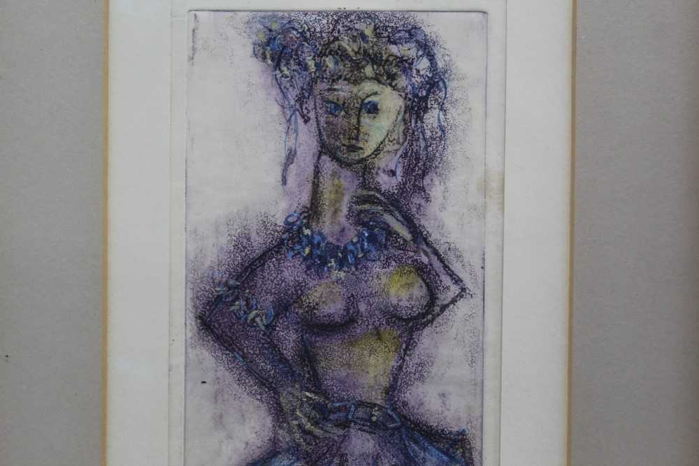 Yahuda Bacon (b.1929) signed hand coloured etching - Dancing Girl, 1961 provenance verso, in glazed