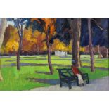 David Britton, contemporary, oil on board - October in Clissold Park, signed, framed, 32cm x 42cm