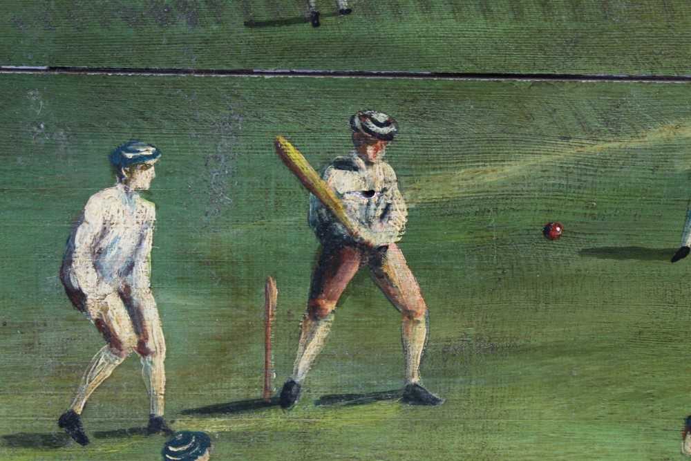 Decorative oil on panel depicting the Oxford V. Cambridge University Challenge Cup Cricket Match, fr - Image 5 of 6