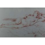 20th century, conte crayon drawing on paper - a reclining female nude, indistinctly signed, in glaze