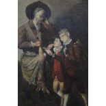 Early 19th century Continental School, oil on canvas, a butcher holding a dead hare with two boys lo