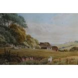 Henry Hilton watercolour - sheep grazing on a hillside, signed, in glazed gilt frame