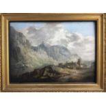 After J. M. Turner, 19th century, oil on paper laid on panel - cottage beneath hills, bearing signat