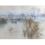 Ian Hay (born 1942) - pastel in glazed frame - Cymbeline Meadow with cows by the river and Colcheste